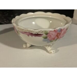 VINTAGE NIPPON FLUTED FOOTED BOWL CANDY DISH HAND PAINTED ROSES‎ PINK GREEN